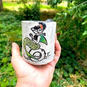 Handmade ceramic, leopard shark mermaid, pinup, rockabilly, ceramic mug cup